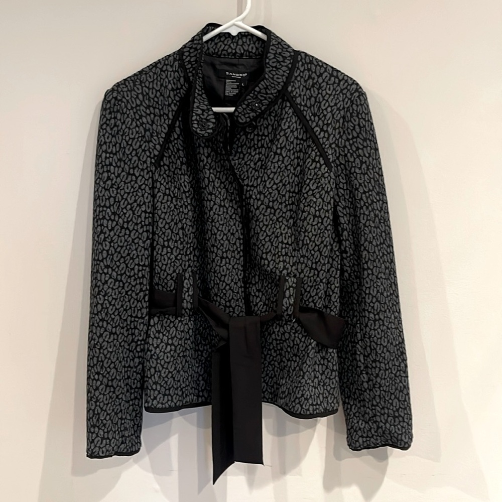 Sandro gray and black knit belted jacket size large ￼